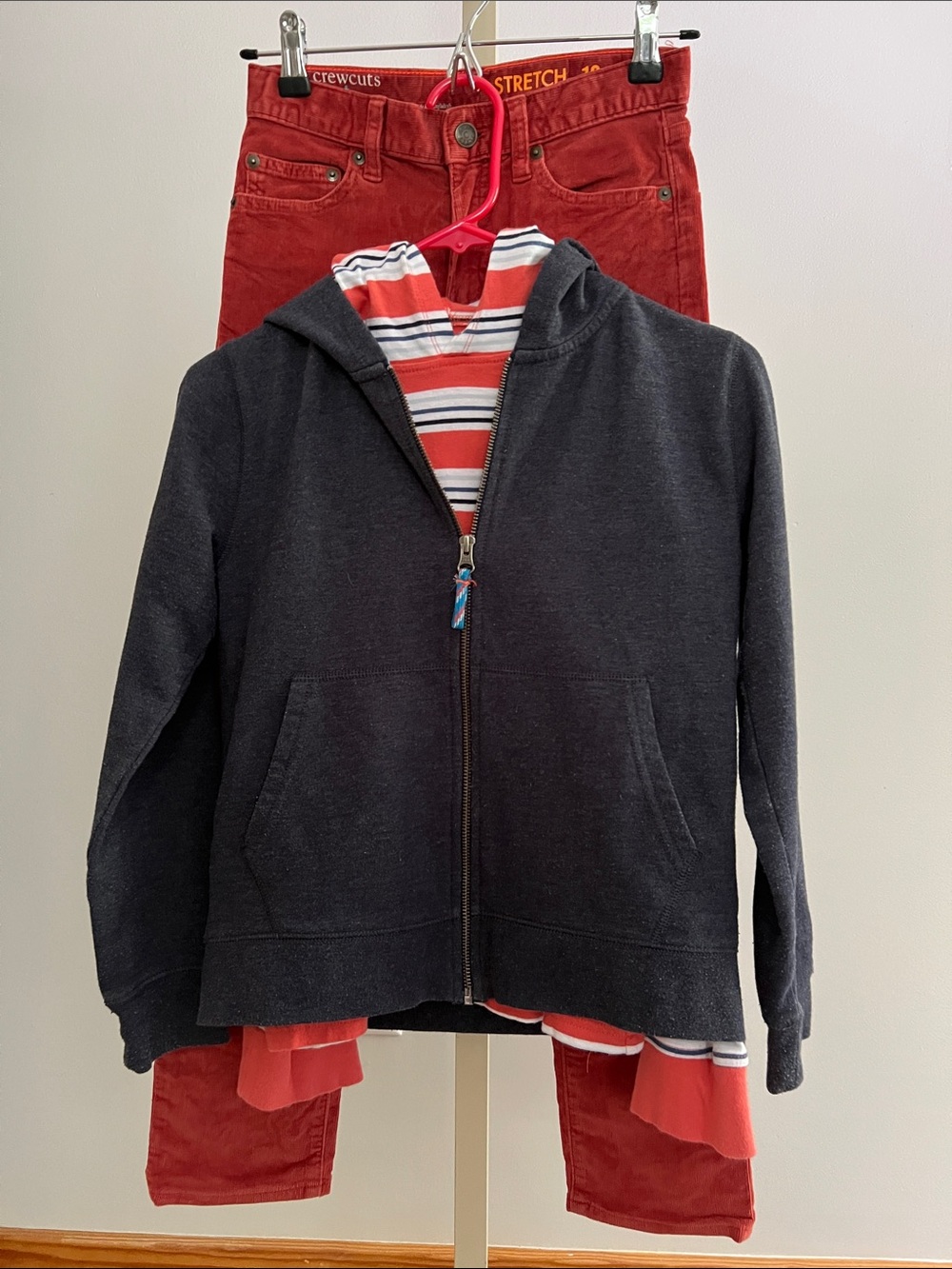 Crewcuts navy Zip Hoodie with Red & White Striped Tee and Corduroy Pants.